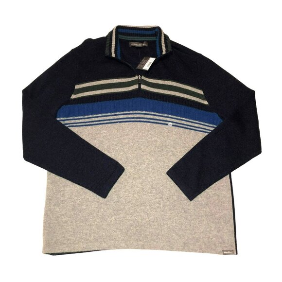 NWT EDDIE BAUER 1/4 ZIP SWEATER SIZE L MR SIDECUT BLUE GRAY WOOL KNIT MENS - Picture 1 of 4
